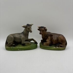 Vintage Chalkware Christmas NATIVITY COW & DONKEY Chipped 5" Inches